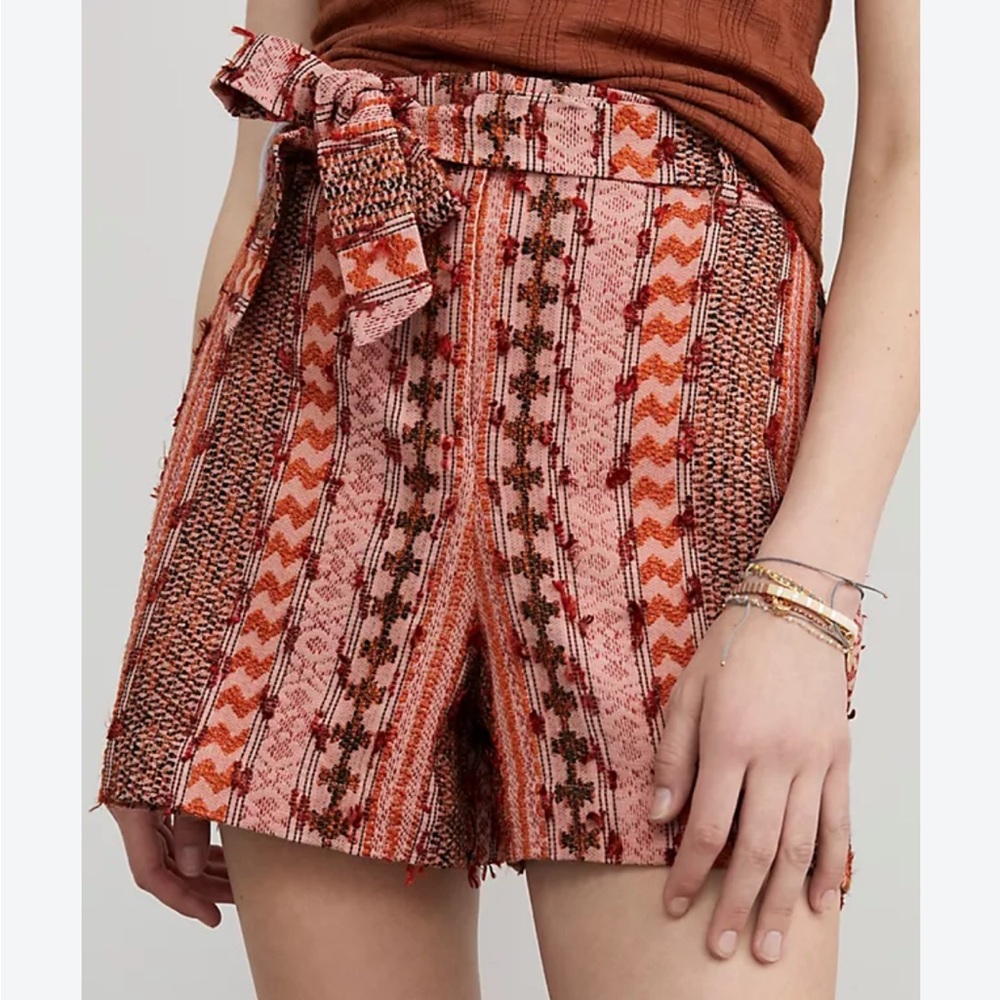 Anthropologie High-Waist Striped Woven Shorts in Rust and Pink